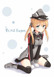 Rule 34 | 10s, 1girl, anchor hair ornament, black thighhighs, blonde hair, blush, character name, gloves, green eyes, hair ornament, hat, highres, kantai collection, long hair, prinz eugen (kancolle), sitting, solo, thighhighs, tsuchikure, twintails, wariza, white gloves