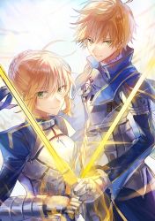 Rule 34 | 1boy, 1girl, ahoge, armor, armored dress, arthur pendragon (fate), artoria pendragon (all), artoria pendragon (fate), blonde hair, blue cape, blue dress, blue ribbon, braid, braided bun, breastplate, cape, dress, fate (series), faulds, gauntlets, green eyes, hair between eyes, hair bun, hair ribbon, holding, holding sword, holding weapon, looking at viewer, parted lips, ribbon, saber (fate), short hair, smile, sword, tsugutoku, weapon