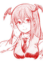 Rule 34 | 1girl, adjusting eyewear, bespectacled, blush, breasts, closed mouth, cropped torso, glasses, hand up, head wings, highres, koakuma, light smile, long hair, long sleeves, looking at viewer, medium breasts, monochrome, necktie, pointy ears, semi-rimless eyewear, sen (daydream 53), sidelocks, simple background, solo, touhou, upper body, vest, white background, wing collar, wings