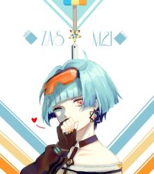 Rule 34 | 1girl, bare shoulders, black gloves, blue hair, blue nails, character name, covering own mouth, dated, earrings, eyewear on head, fingerless gloves, girls&#039; frontline, gloves, hand in mouth, heart, jewelry, looking at viewer, nail polish, one eye closed, orange nails, red eyes, safety glasses, short hair, simple background, solo, upper body, zas m21 (girls&#039; frontline), zhuge zhuge qian