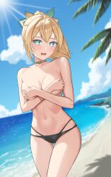 Rule 34 | 1girl, absurdres, beach, bikini, blonde hair, blue sky, blush, breasts, choker, cloud, covering privates, covering breasts, day, diptip, green eyes, highres, hololive, kazama iroha, looking at viewer, medium breasts, navel, ocean, open mouth, outdoors, ponytail, sky, solo, stomach, swimsuit, topless, virtual youtuber
