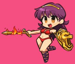 Rule 34 | 1girl, :d, athena (series), bikini, blush, breasts, brown eyes, chibi, fire, flaming sword, flaming weapon, gold hairband, hairband, holding, holding shield, holding sword, holding weapon, ibara., leg up, long hair, looking to the side, navel, neo geo battle coliseum, open mouth, pink background, princess athena, purple hair, red bikini, shield, simple background, smile, snk, solo, standing, standing on one leg, swimsuit, sword, teeth, upper teeth only, weapon