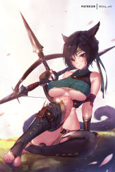 Rule 34 | 1girl, alternate breast size, animal ears, armband, asymmetrical legwear, bare shoulders, black hair, black thighhighs, blush, breasts, brown eyes, brown gloves, cat ears, cat tail, falling petals, final fantasy, final fantasy vii, final fantasy vii remake, fingerless gloves, fishnet thighhighs, fishnets, full body, gloves, green shirt, hair between eyes, headband, high collar, holding shuriken, holding weapon, lace-up legwear, large breasts, looking at viewer, midriff, mitsu (mitsu art), outdoors, patreon username, petals, shirt, short hair, short shorts, shorts, shuriken, sitting, sleeveless, sleeveless turtleneck, solo, tail, thighhighs, toeless footwear, turtleneck, underboob, white background, yuffie kisaragi