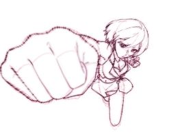 Rule 34 | 1girl, clenched hands, commentary, english commentary, foreshortening, incoming attack, incoming punch, lineart, looking at viewer, meiko (vocaloid), miniskirt, monochrome, motion lines, punching, short hair, skirt, sleeveless, sleeveless jacket, solo, vocaloid, white background, yen-mi