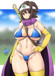 Rule 34 | 1girl, :d, adapted costume, alternate costume, between breasts, bikini, black hair, blue bikini, blue sky, blurry, breasts, breasts apart, brown eyes, brown hair, cape, censored, circlet, cloud, covered erect nipples, cowboy shot, curvy, day, depth of field, dragon quest, dragon quest iii, elbow gloves, fantasy, gem, gloves, grass, groin, hand on own hip, heroine (dq3), jumping, large breasts, light smile, looking at viewer, micro bikini, monster, mosaic censoring, navel, onomeshin, open mouth, roto (dq3), shield, shiny clothes, shiny skin, short hair, skindentation, sky, slime (dragon quest), smile, standing, strap between breasts, sweatdrop, swimsuit, sword, thick thighs, thighhighs, thighs, tiara, toned, weapon, wide hips, yellow gloves, yellow thighhighs