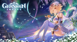 Rule 34 | 1girl, apple caramel, artist name, aurora, blonde hair, breasts, brown eyes, cleavage, comet, copyright name, detached sleeves, flower, full body, genshin impact, hair flower, hair ornament, highres, looking at viewer, lumine (genshin impact), medium breasts, outdoors, sitting, solo, thighhighs, twintails, wisteria