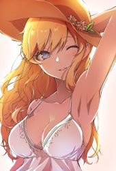 Rule 34 | 1girl, ;), arm up, armpits, backlighting, bad id, bad twitter id, blonde hair, blue eyes, breasts, bright pupils, cleavage, commentary request, dress, e sky rugo, flower, hat, hat flower, highres, idolmaster, idolmaster cinderella girls, lips, long hair, looking at viewer, medium breasts, ohtsuki yui, one eye closed, simple background, smile, solo, strap gap, sun hat, upper body, white dress