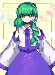 Rule 34 | 1girl, :d, artist name, bare shoulders, blue skirt, blunt bangs, blush, commentary request, cowboy shot, dated, detached sleeves, framed, frog hair ornament, green eyes, green hair, hair ornament, highres, ichirugi, kochiya sanae, long hair, looking at viewer, open mouth, shirt, sidelocks, sketch, skirt, sleeveless, smile, snake hair ornament, solo, standing, star-shaped pupils, star (symbol), star print, symbol-shaped pupils, touhou, white shirt