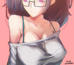 Rule 34 | 1girl, bare shoulders, blush, bra strap, breasts, brown hair, chromatic aberration, cleavage, close-up, collarbone, commentary request, glasses, head out of frame, highres, large breasts, looking away, medium hair, messy hair, original, pink background, pink eyes, puk (higanbana doujin), semi-rimless eyewear, solo, spaghetti strap, strap gap, strap slip, under-rim eyewear