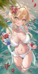 Rule 34 | 00nanona, 1girl, :q, alternate breast size, bare shoulders, bikini, blonde hair, blush, breasts, choker, criss-cross halter, cup, flower, frilled bikini, frills, genshin impact, hair between eyes, hair flower, hair ornament, halterneck, highres, holding, holding cup, large breasts, looking at viewer, lumine (genshin impact), navel, short hair with long locks, solo, swimsuit, thigh gap, thighs, tongue, tongue out, wading, wet, yellow eyes
