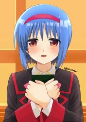 Rule 34 | 1girl, black jacket, blue hair, blush, book, commentary, crossed arms, eyes visible through hair, hair between eyes, hairband, highres, holding, holding book, jacket, little busters!, little busters! school uniform, long sleeves, looking at viewer, nishizono mio, open mouth, orange background, orange eyes, red hairband, sai (aysityan), school uniform, short hair, simple background, smile, solo, straight-on, twitter username, upper body