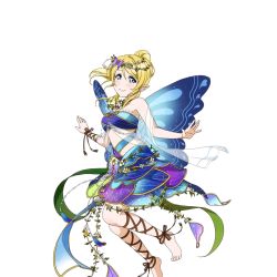 Rule 34 | 10s, 1girl, ankle lace-up, ayase eli, barefoot, blonde hair, blue eyes, butterfly wings, circlet, cross-laced footwear, feet, food, fruit, head wreath, insect wings, long hair, looking at viewer, love live!, love live! school idol festival, love live! school idol project, official art, ponytail, ribbon, skirt, smile, solo, toes, transparent background, wings, wrist ribbon
