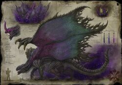 Rule 34 | black border, border, claws, commentary request, dragon, from side, full body, gibberish text, gore magala, highres, horns, kuribatake, light particles, monster, monster focus, monster hunter (series), multiple views, no humans, open mouth, paper texture, profile, scales, single horn, tail, vial, wings
