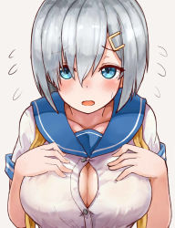 Rule 34 | 10s, 1girl, blue eyes, blush, breast suppress, breasts, cleavage, flying sweatdrops, hair ornament, hair over one eye, hairpin, hamakaze (kancolle), highres, kantai collection, large breasts, looking at viewer, okitsugu, revision, school uniform, serafuku, short hair, silver hair, solo, sweat