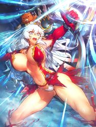 Rule 34 | 1girl, artemis (fate), artemis (third ascension) (fate), bare shoulders, boots, bouncing breasts, bow (weapon), breasts, fate/grand order, fate (series), grey eyes, highres, huge breasts, knee boots, legs, long hair, long legs, melon22, open mouth, orion (bear) (fate), outstretched arms, panties, silver hair, spread arms, stuffed animal, stuffed toy, teddy bear, thick thighs, thighs, underwear, weapon, white panties