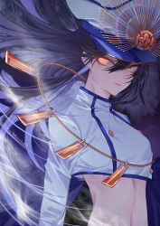 Rule 34 | 1girl, black hair, commentary request, cropped jacket, dark background, fate/grand order, fate (series), glowing, hair between eyes, hat, jewelry, long hair, long sleeves, looking at viewer, march ab, necklace, oda nobunaga (fate), oda nobunaga (koha-ace), oda uri, peaked cap, smile, solo, twitter username, upper body, yellow eyes