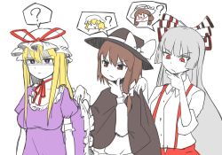 Rule 34 | 3girls, ?, bad id, bad twitter id, black cape, blonde hair, blunt bangs, bow, breasts, brown hair, cape, cape tug, choker, clothes lift, collared shirt, dress, dress lift, elbow gloves, fedora, frilled dress, frills, fujiwara no mokou, gloves, hair between eyes, hair bow, hand on own chin, hat, hat bow, hat ribbon, head tilt, long hair, long sleeves, looking afar, looking at another, looking down, maribel hearn, medium breasts, mob cap, multiple girls, one-hour drawing challenge, pants, puffy short sleeves, puffy sleeves, purple dress, purple eyes, red pants, red ribbon, ribbon, ribbon choker, shaded face, shirt, short hair, short sleeves, silver hair, simple background, single sidelock, sleeves rolled up, spoken character, spoken question mark, stroking own chin, suspenders, thinking, touhou, usami renko, usami sumireko, usuaji, white background, white bow, white gloves, white shirt, yakumo yukari