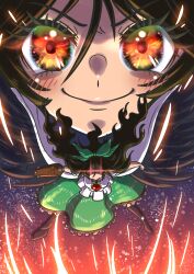 Rule 34 | 1girl, arm cannon, atom, bird wings, black hair, black wings, blouse, blush, bow, closed mouth, commentary request, control rod, eyelashes, floating hair, frilled skirt, frills, full body, glowing, glowing eyes, green bow, green skirt, hair between eyes, hair bow, highres, kirimomist, long hair, looking at viewer, multiple views, orange eyes, reiuji utsuho, shirt, short sleeves, skirt, smile, touhou, weapon, white shirt, wings