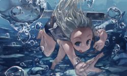 Rule 34 | 10s, 1girl, air bubble, bad id, bad pixiv id, bare legs, bare shoulders, barefoot, blue eyes, bubble, crop top, cusui, flower, freediving, hair flower, hair ornament, kantai collection, long hair, one-piece tan, open mouth, outstretched arm, ro-500 (kancolle), sailor collar, school swimsuit, solo, swimming, swimsuit, swimsuit under clothes, tan, tanline, torpedo, underwater, water