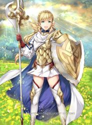 Rule 34 | 1girl, armor, blonde hair, braid, cape, cloud, cloudy sky, company connection, copyright name, crown braid, day, dress, field, fire emblem, fire emblem heroes, flower, flower field, gloves, green eyes, holding, holding weapon, long hair, long sleeves, looking at viewer, nintendo, official art, outdoors, petals, polearm, puffy sleeves, scale armor, sharena (fire emblem), shield, short dress, sky, smile, solo, spear, striped, sunlight, thighhighs, weapon, yamada koutarou, zettai ryouiki