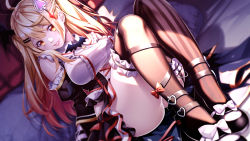 Rule 34 | 1girl, :p, ahoge, asymmetrical legwear, blonde hair, breasts, center frills, detached sleeves, fang, fenrir (fenlil0316), frilled shirt, frilled shirt collar, frilled sleeves, frilled thighhighs, frills, gothic lolita, hair ornament, hairclip, highres, hololive, large breasts, lolita fashion, long hair, mismatched legwear, official alternate costume, orange eyes, shirt, skin fang, smile, solo, spade hair ornament, striped clothes, striped thighhighs, thighhighs, tongue, tongue out, twintails, vertical-striped clothes, vertical-striped thighhighs, virtual youtuber, white shirt, yozora mel, yozora mel (5th costume)