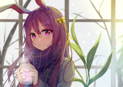 Rule 34 | 1girl, absurdres, animal ears, animal print, beige jacket, blurry, blurry background, blush, bow, closed mouth, cup, diving penguin, hair between eyes, hair bow, highres, holding, holding cup, hot drink, long hair, looking at viewer, mug, plaid, plaid scarf, purple eyes, purple hair, rabbit ears, rabbit print, reisen udongein inaba, scarf, smile, snow, solo, steam, touhou, tree, upper body, window, winter clothes, yellow bow
