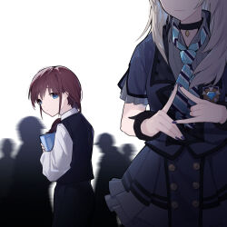 Rule 34 | 2girls, 4others, alternate hairstyle, black choker, black jacket, black skirt, black vest, blue eyes, chinese commentary, choker, closed mouth, collared shirt, commentary request, crowd, girls band cry, grey hair, grey shirt, highres, iseri nina, jacket, kawaragi momoka, long hair, multiple girls, multiple others, purple nails, red hair, shirt, short sleeves, simple background, skirt, vest, white background, white shirt, yun cao bing