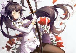 Rule 34 | 1girl, absurdres, azur lane, black hair, black pantyhose, bow, breasts, flower, hair ears, hair flaps, highres, holding, holding sword, holding weapon, huge filesize, large breasts, long hair, military, military uniform, miniskirt, non (nobu), pantyhose, petals, pleated skirt, ponytail, scan, simple background, skirt, sword, takao (azur lane), uniform, weapon, white bow, white skirt