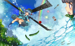 Rule 34 | 3girls, aircraft, animal ears, black hair, blue eyes, blue hair, blue sky, bow, cloud, commentary request, cucumber, day, fish, flying, hair bow, hat, hat ribbon, helicopter, inubashiri momiji, kawashiro nitori, long sleeves, multiple girls, open mouth, pom pom (clothes), purple eyes, rainbow, ribbon, shirt, silver hair, skirt, skirt set, sky, smile, tokin hat, touhou, twintails, umigarasu (kitsune1963), upskirt, water, water gun, wide sleeves, wolf ears, wrench