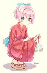 Rule 34 | 10s, 1girl, :o, alternate costume, bag, blue eyes, feet, fish, from side, full body, hair between eyes, highres, hiten (hitenkei), japanese clothes, kantai collection, kimono, looking at viewer, pink hair, ponytail, ribbon, sandals, shiranui (kancolle), short hair, short ponytail, simple background, sketch, solo, squatting, twitter username, white background