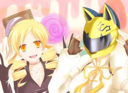 Rule 34 | 2girls, blonde hair, breasts, celty sturluson, cosplay, costume switch, crossover, drill hair, durarara!!, fingerless gloves, gloves, hat, head swap, helmet, large breasts, mahou shoujo madoka magica, mahou shoujo madoka magica (anime), multiple girls, murasaki gin&#039;ya, open mouth, orange eyes, ribbon, spoilers, teeth, tomoe mami, twintails, witch&#039;s labyrinth