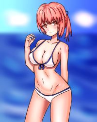 Rule 34 | 1girl, astelord, belly, bikini, blue sky, breasts, cleavage, happy, highres, large breasts, navel, original, red eyes, red hair, sky, smile, solo, stomach, swimsuit, thighs, white bikini