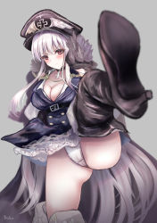 Rule 34 | 1girl, absurdres, artist name, ass, belt, black footwear, blush, boots, breasts, cleavage, cross, cross necklace, foot worship, fur-trimmed jacket, fur trim, girls&#039; frontline, grey background, hat, high heel boots, high heels, highres, jacket, jewelry, kar98k (girls&#039; frontline), leg up, long hair, looking at viewer, martinreaction, medium breasts, military, military hat, military uniform, necklace, panties, red eyes, shoe soles, silver hair, solo, standing, standing on one leg, thigh boots, thighhighs, thighs, underwear, uniform, white panties