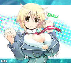 Rule 34 | 1girl, artist name, baozi, blazer, blonde hair, blush, bouncing breasts, breasts, brown eyes, bursting breasts, button gap, buttons, cleavage, cleavage cutout, closed mouth, clothing cutout, flipped hair, food, food on face, hair between eyes, halftone, halftone background, holding, huge breasts, impossible clothes, jacket, letterboxed, long sleeves, looking at viewer, mermaid lovers, motion lines, necktie, orange eyes, rebis, school uniform, shin-rin (mermaid lovers), shirt, short hair, smile, solo, steam, straining buttons, taut clothes, translation request, turtleneck, underboob, underboob cutout, upper body