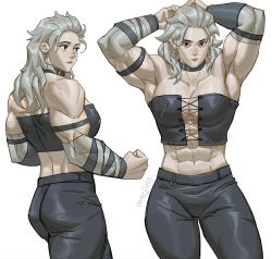 Rule 34 | 1girl, abs, armpits, bicep strap, biceps, black eyes, breasts, cleavage, clothing cutout, collar, commentary, cross-laced clothes, cross-laced cutout, dorohedoro, earrings, english commentary, highres, jewelry, large breasts, long hair, m4rjinn, muscular, muscular female, noi (dorohedoro), pants, solo, thick thighs, thighs, tight clothes, tight pants, white background, white hair