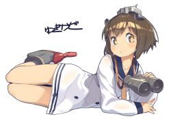 Rule 34 | 10s, 1girl, arm support, binoculars, brown eyes, brown hair, character name, collarbone, hair ornament, kantai collection, looking at viewer, lying, sailor, shindou kamichi, short hair, solo, white background, yukikaze (kancolle)