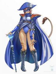 Rule 34 | absurdres, armor, warrior of light (ff14), bare hips, belt, blue cloak, blue footwear, blue gloves, blue headwear, blue leotard, blue mage, blue sleeves, blue tunic, body markings, boots, brown belt, brown hair, cameltoe, cat girl, cloak, commentary, commission, commissioner upload, cuffs, english commentary, eye mask, facial mark, facial tattoo, final fantasy, final fantasy xiv, fingerless gloves, gloves, gold trim, hat, highres, knees, leg tattoo, legs, leotard, lion tail, looking at viewer, meiyu, miqo&#039;te, pauldrons, pigeon-toed, red hair, shoulder armor, shoulder plates, sleeve cuffs, smile, tail, tattoo, thighs, wand, white eyes
