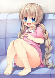 Rule 34 | 1girl, :d, asa no ha (awayuki), barefoot, blonde hair, blue eyes, blush, braid, convenient leg, couch, feet on chair, hair over shoulder, highres, long hair, looking at viewer, open mouth, original, sitting, sketch, smile, solo, steepled fingers, twin braids