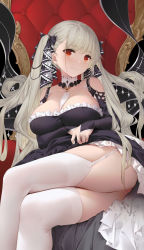 Rule 34 | 1girl, azur lane, bare shoulders, between breasts, black dress, blush, breasts, cleavage, clothes lift, dress, dress lift, earrings, flight deck, formidable (azur lane), frilled dress, frills, garter straps, grey hair, hair ribbon, highres, jewelry, large breasts, long hair, long sleeves, looking at viewer, red eyes, ribbon, rigging, sitting, solo, thighhighs, thighs, twintails, two-tone dress, two-tone ribbon, very long hair, white thighhighs, yijian ma