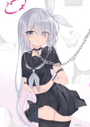 Rule 34 | 1girl, absurdres, arms behind back, artist name, black pantyhose, black sailor collar, black serafuku, black skirt, blue archive, chain, clothes pull, colored inner hair, commentary, eyes visible through hair, grey eyes, grey hair, grey neckerchief, hair over one eye, halo, highres, kucu, multicolored hair, neckerchief, pantyhose, pantyhose pull, paper, pink hair, plana (blue archive), pleated skirt, pussy juice, red halo, sailor collar, school uniform, serafuku, short sleeves, skirt, solo, two-tone background