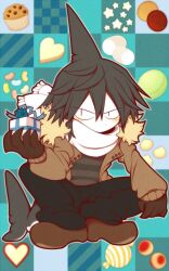 Rule 34 | 1boy, black gloves, black pants, blue background, blue hair, box, brown footwear, brown jacket, buttons, candy, colored skin, cookie, cupcake, dot nose, fins, fish tail, food, funamusea, funamusea (artist), fur-trimmed jacket, fur trim, gift, gift box, gloves, grey shirt, hair between eyes, head fins, heart, holding, holding gift, jacket, jelly bean, light blush, looking at viewer, macaron, male focus, no mouth, oounabara to wadanohara, open clothes, open jacket, pants, patterned background, promotional art, samekichi (funamusea), scarf, shark boy, shark fin, shark tail, shirt, slit pupils, solo, squatting, star (symbol), striped clothes, striped shirt, tail, valentine, white scarf, white skin