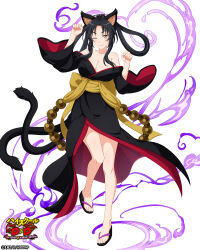 1girl absurdres animal_ear_fluff animal_ears bare_shoulders black_hair black_kimono breasts cat_ears cat_girl cat_tail cleavage collarbone female_focus full_body hair_rings high_school_dxd high_school_dxd_operation_paradise_infinity highres japanese_clothes kimono kuroka_(high_school_dxd) large_breasts long_hair looking_at_viewer official_art one_eye_closed open_clothes open_kimono paw_pose purple_lips sandals slit_pupils smile solo tail toeless_footwear toes wink yellow_eyes