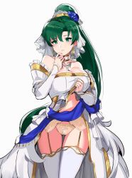 Rule 34 | 1girl, bare shoulders, blue sash, blush, breasts, bride, cleavage, clothes lift, detached sleeves, dress, earrings, fire emblem, fire emblem: the blazing blade, fire emblem heroes, garter straps, green eyes, green hair, hair ornament, hairband, hand on own chin, highres, jewelry, large breasts, long hair, looking at viewer, lyn (bridal) (fire emblem), lyn (fire emblem), nintendo, ormille, panties, parted lips, ponytail, sash, simple background, skirt, skirt lift, solo, standing, underwear, wedding dress, white legwear