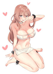 Rule 34 | 1girl, absurdres, arm support, bare shoulders, barefoot, blush, bra, breasts, brown hair, chen yang yang, collar, collarbone, cosplay, covering face, cuffs, feet, full body, hair between eyes, hair intakes, hand up, heart, highres, inui shinju, large breasts, long hair, looking at viewer, lower teeth only, microskirt, midriff, mixed-language commentary, navel, open mouth, prisoner veronica, prisoner veronica (cosplay), round teeth, shackles, sidelocks, simple background, sitting, skindentation, skirt, solo, sono bisque doll wa koi wo suru, strapless, strapless bra, teeth, thighs, underboob, underwear, very long hair, wariza, white background, white bra, white collar, white skirt