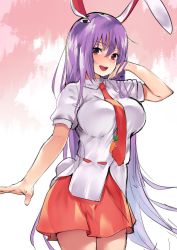 Rule 34 | 1girl, animal ears, asuzemu, bad id, bad twitter id, blush, breasts, large breasts, long hair, looking at viewer, necktie, open mouth, purple hair, rabbit ears, red eyes, red necktie, reisen udongein inaba, shirt, short sleeves, skirt, smile, solo, standing, touhou, very long hair