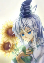 Rule 34 | 1girl, blue eyes, fingernails, flower, gradient background, hand on own chest, hat, highres, hugging object, japanese clothes, kariginu, long sleeves, looking at viewer, mononobe no futo, ponytail, short hair, sidelocks, silver hair, simple background, smile, solo, sunflower, tate eboshi, touhou, upper body, yekong