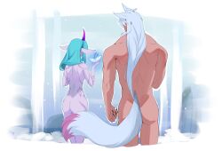 Rule 34 | 1boy, 1girl, animal ears, arm at side, ass, black nails, colored skin, completely nude, cropped legs, facing away, fingernails, flower, fox boy, fox ears, fox tail, from behind, green hair, grey hair, hand up, highres, holding, holding flower, horns, league of legends, long hair, multicolored horns, nail polish, nude, odeko yma, outline, pink skin, pointy ears, purple horns, sett (league of legends), sharp fingernails, single horn, soraka (league of legends), spirit blossom sett, spirit blossom soraka, tail, two-tone horns, white outline