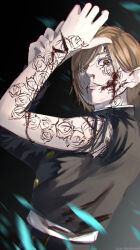 1girl absurdres artist_name bleeding blood blood_from_mouth blood_in_hair blood_on_clothes blood_on_face body_markings brown_eyes brown_hair crazy_eyes cursed_energy_(jujutsu_kaisen) facial_mark hair_behind_ear hair_over_one_eye highres impaled injury jujutsu_kaisen jujutsu_tech_uniform kugisaki_nobara looking_down messy_hair nail_(hardware) nosebleed red_pupils ria_blackrose0 school_uniform self-harm shirt short_hair solo torn_clothes torn_shirt twitter_username