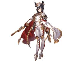 Rule 34 | 1girl, animal ears, black hair, boots, cape, detached sleeves, dual wielding, erune, full body, gloves, granblue fantasy, gun, hat, high heel boots, high heels, holding, holding weapon, ilsa, ilsa34660285, long hair, long sleeves, looking at viewer, minaba hideo, official art, pants, red eyes, serious, solo, standing, torn clothes, transparent background, uniform, weapon