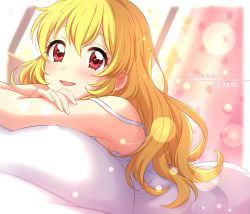 Rule 34 | 1girl, :d, absurdres, aikatsu!, aikatsu! (series), blonde hair, blurry, blurry foreground, blush, bokeh, border, crossed arms, dated, depth of field, dress, english text, happy birthday, highres, hoshimiya ichigo, long hair, looking at viewer, lying, on bed, on stomach, open mouth, pillow, red eyes, sekina, smile, solo, strap slip, white border, white dress